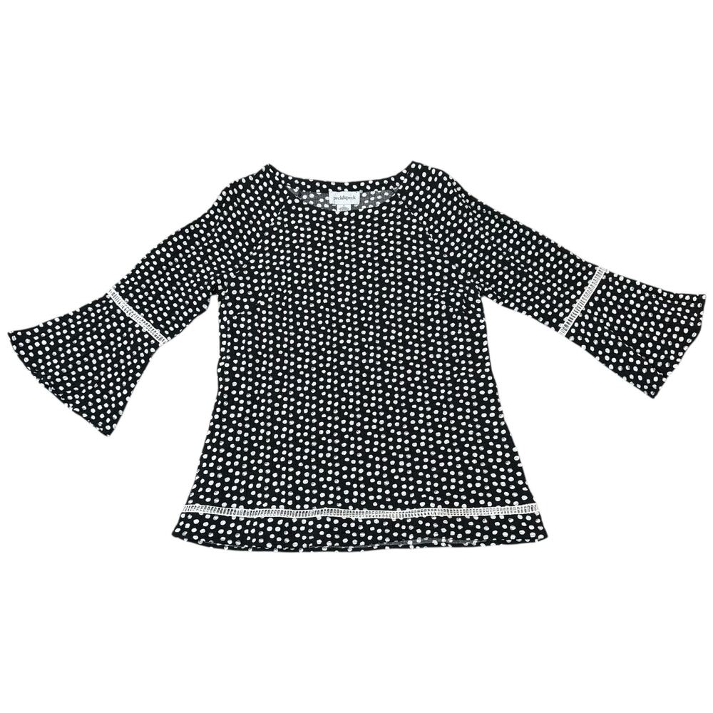 NEW Peck & Peck Blouse Top Crinkle Texture Spots Braided Trim Black White Small